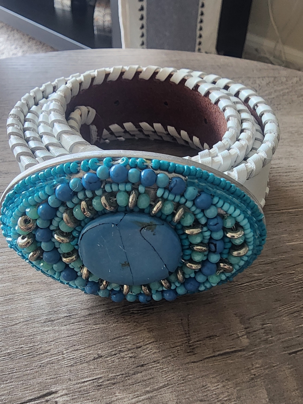White Braided Leather Belt with Turquoise Beaded Buckle,genuine Leather